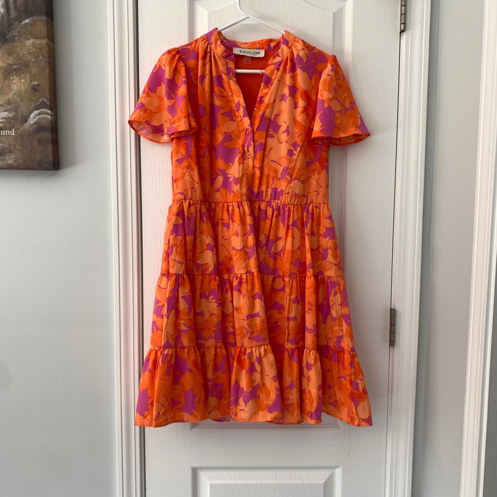 Taylor Orange Magenta Floral Tiered Flutter Sleeve Mini Dress Size 4